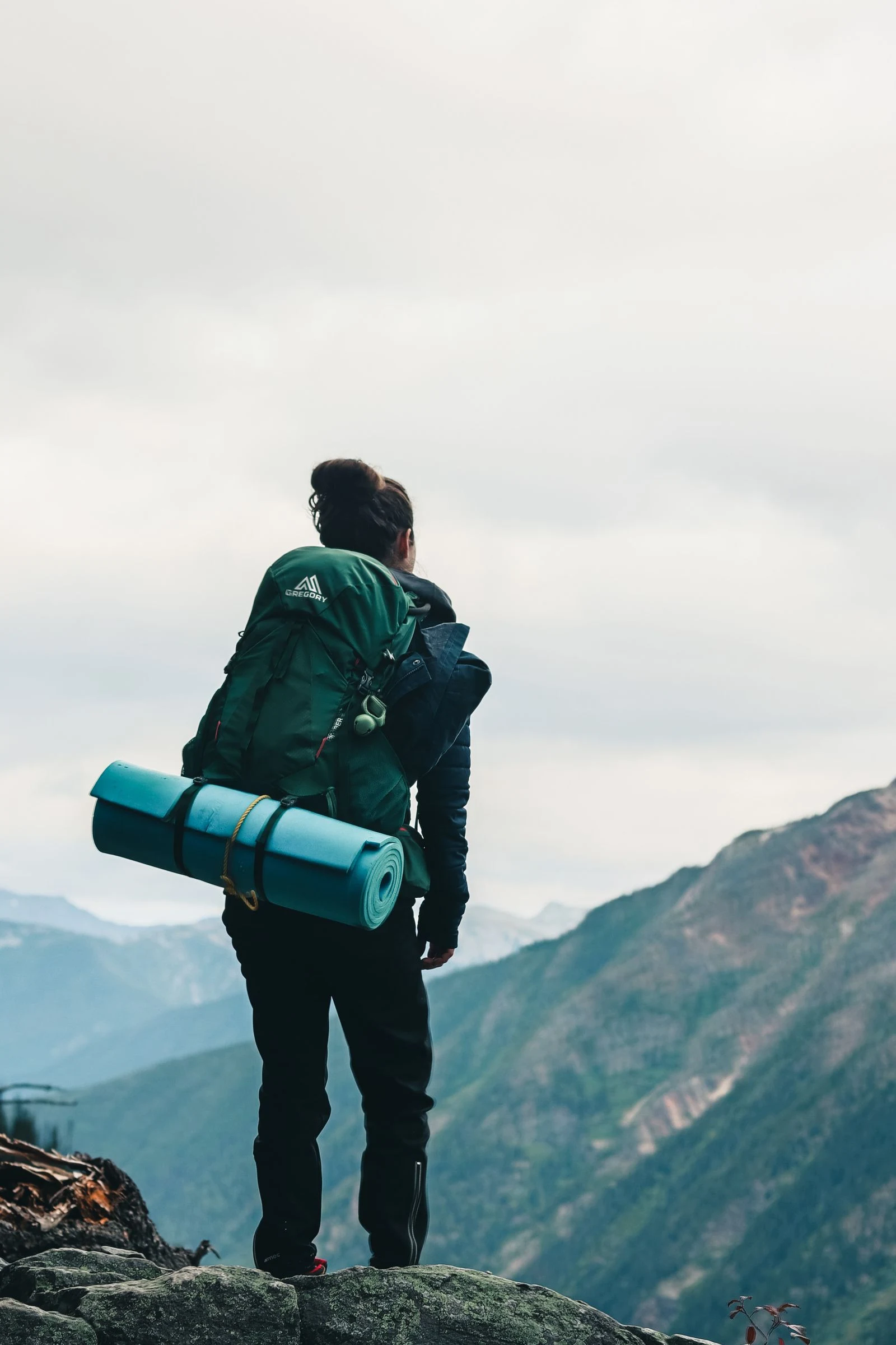 Viaggiatrice adulta da sola con zaino davanti a un panorama